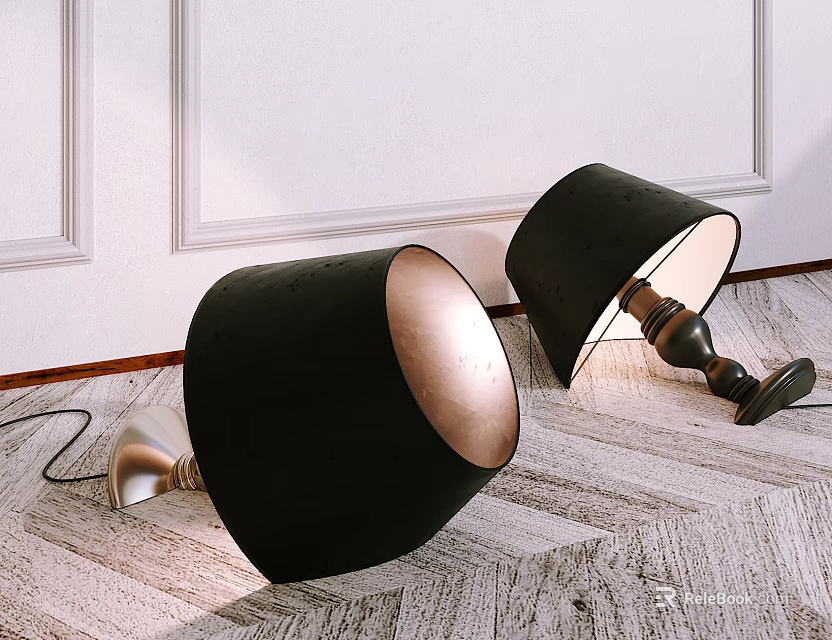 Two Modern Floor Lamps with Black Shades and Wooden Bases on Wooden Floor 3d model 