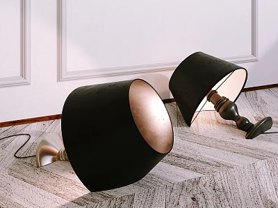 Two Modern Floor Lamps with Black Shades and Wooden Bases on Wooden Floor 3d model