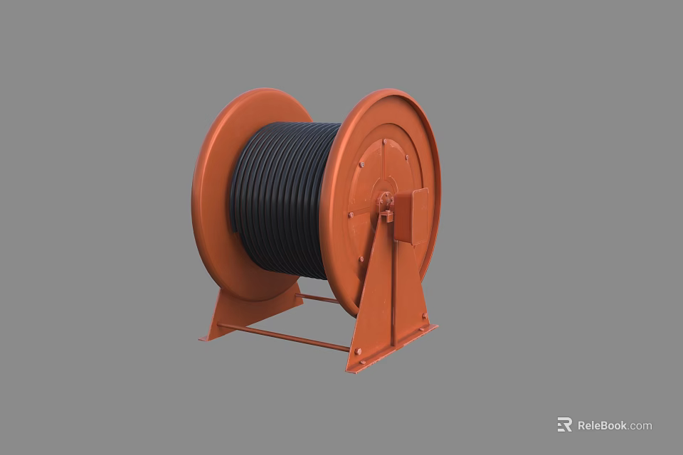 Industrial Cable Reel Equipment With Orange Frame And Black Cable Steel Stand 3d model 