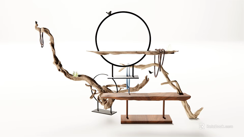 Ornament Decor Combination With Black Ring Wooden Shelf Metal Stand Bird Decoration Chains 3d model 