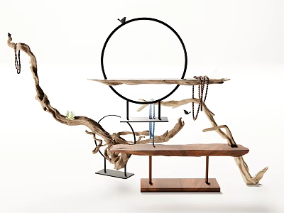 Ornament Decor Combination With Black Ring Wooden Shelf Metal Stand Bird Decoration Chains 3d model