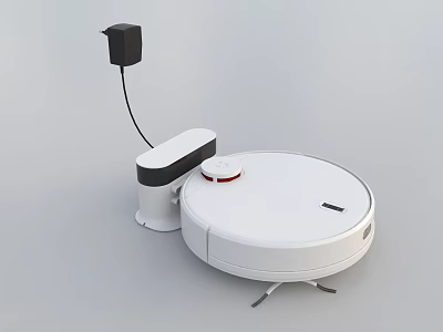 White Round Robotic Vacuum Cleaner With Charging Dock Black Component And Power Cord 3d model