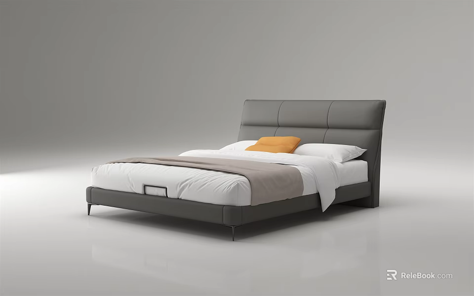Modern Double Bed with Gray Leather Headboard White Sheets Gray Blanket and Orange Pillow 3d model 