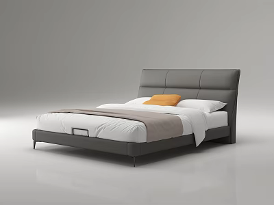 Modern Double Bed with Gray Leather Headboard White Sheets Gray Blanket and Orange Pillow 3d model