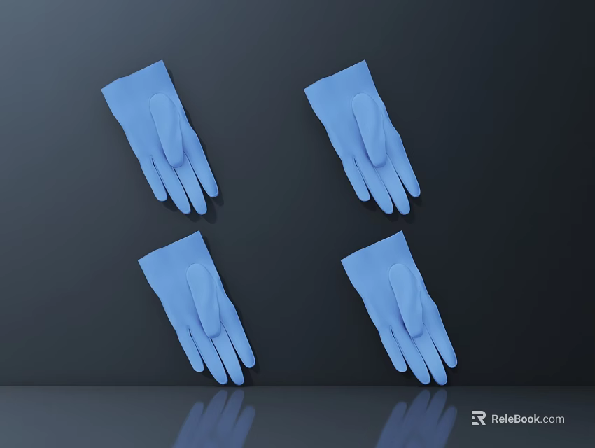 Four Blue Gloves Arranged On Dark Background With Reflective Base 3d model 