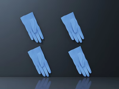 Four Blue Gloves Arranged On Dark Background With Reflective Base 3d model