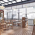 Modern Reading Room Interior With Wooden Bookshelves Tables Chairs And City View Windows