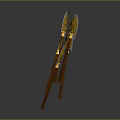 Five Yellow And White Decorated Axes With Brown Handles Crossed Together