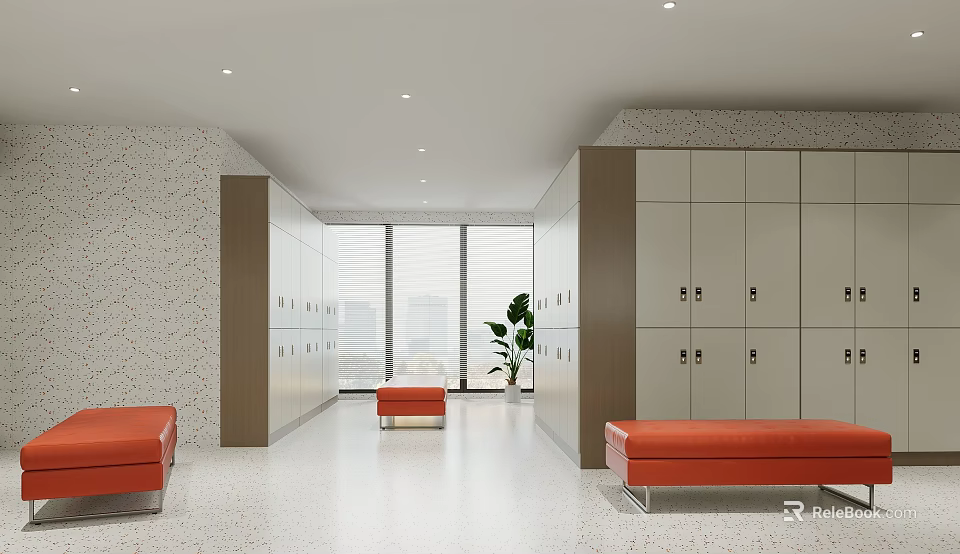 Spa Sauna Changing Room With Lockers Benches And Large Windows 3d model 