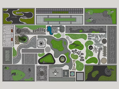 Detailed Courtyard Garden Design Layout With Lawn Sections Pathways And Water Features 3d model
