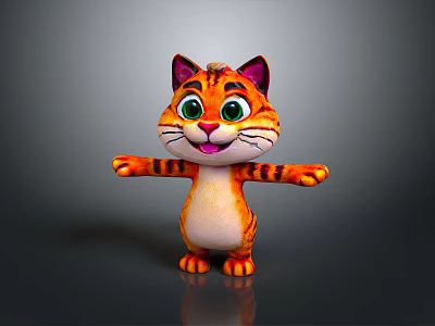 Cute 3D Animated Cartoon Cat With Orange Striped Fur Green Eyes And Open Arms 3d model