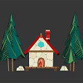 Cartoon Scene With Small House Red Roof Green Trees Wavy Green Grass And White Stones