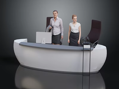 Modern White Curved Reception Desk With Two Female Staff Computer And Telephone 3d model