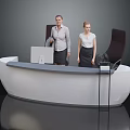 Modern White Curved Reception Desk With Two Female Staff Computer And Telephone