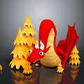 Stuffed Red Dragon Doll Surrounded by Yellow Trees with Reflection on Dark Surface 3d model