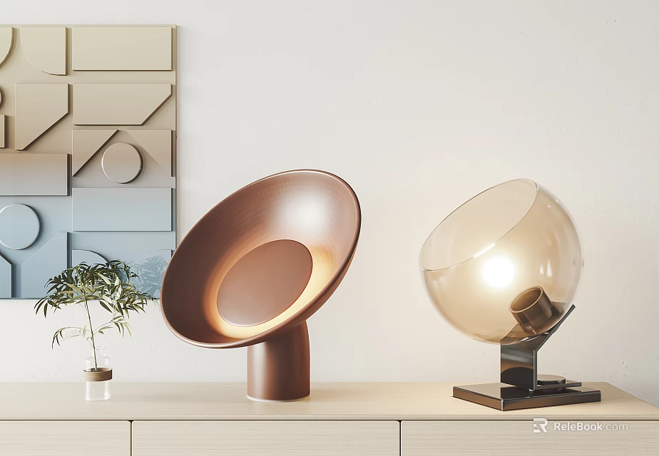 Stylish Brown Bowl Shaped and Illuminated Transparent Spherical Table Lamps on Light Wooden Cabinet with Geometric Wall Art 3d model 