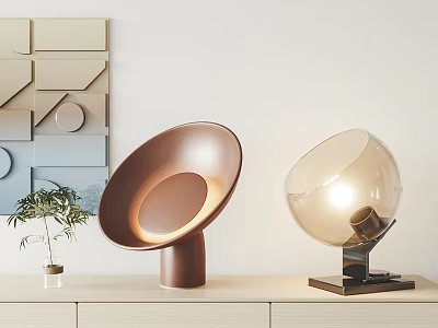 Stylish Brown Bowl Shaped and Illuminated Transparent Spherical Table Lamps on Light Wooden Cabinet with Geometric Wall Art 3d model