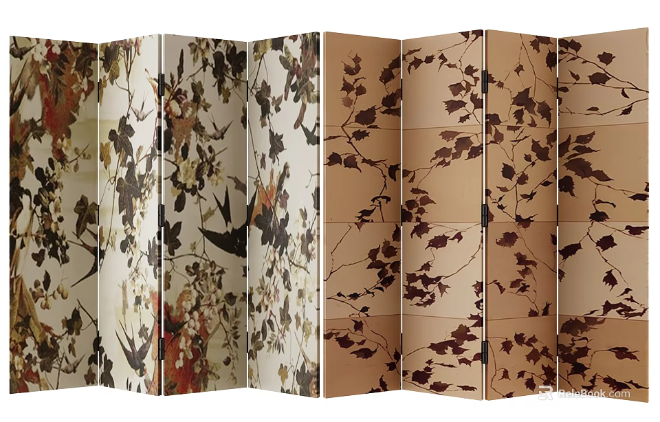 Elegant Folding Screen With Leaf And Bird Patterns In Neutral Tones For Interior Decor 3d model 
