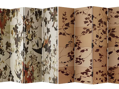 Elegant Folding Screen With Leaf And Bird Patterns In Neutral Tones For Interior Decor 3d model