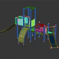 Colorful Outdoor Playground Equipment With Wooden Frames Green Blue Slides And Multi Level Climbing Platforms