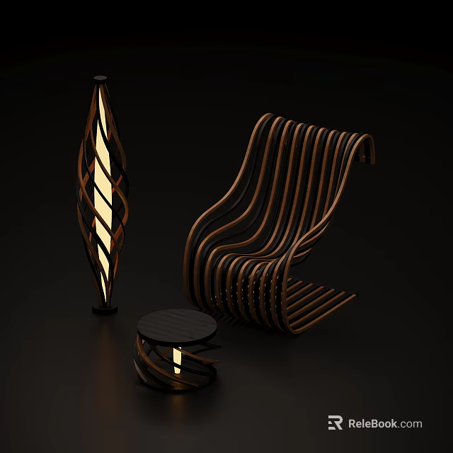 Modern Curved Wooden Leisure Chair Design With Matching Side Table And Floor Lamp 3d model 