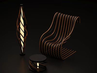 Modern Curved Wooden Leisure Chair Design With Matching Side Table And Floor Lamp 3d model