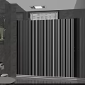 Modern Bathroom Shower Screen With Vertical Stripes Gray Tiles And White Towel On Rack