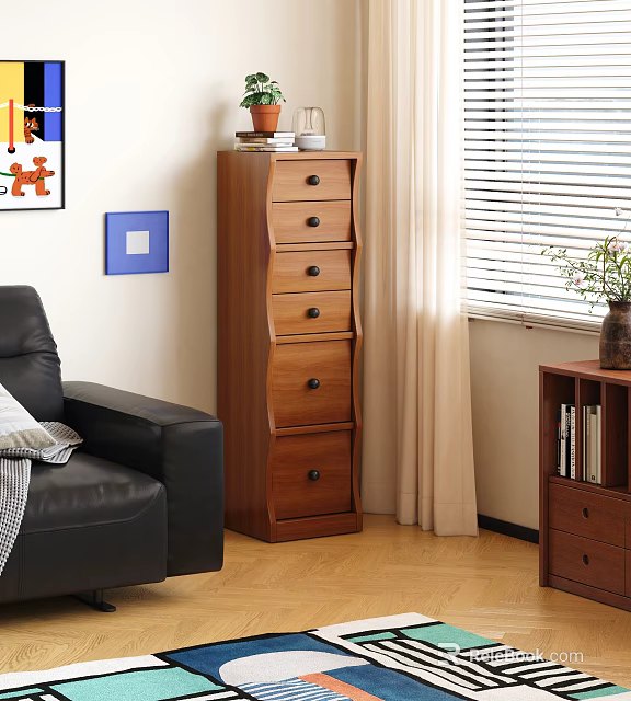 Wooden Chest of Drawers in Living Room with Black Leather Sofa and Decorative Wall Art 3d model 