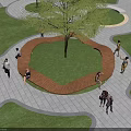 Circular Landscape Bench In Urban Plaza With Tree Lawn Stone Path And People
