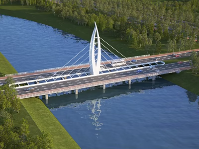 Modern White Pylon Cable Stayed Bridge Spanning River With Green Landscape And Roadway 3d model