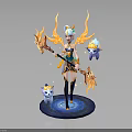 Mythical Female Character With Golden Wings Magic Staff And Small Creatures On Blue Aura Base