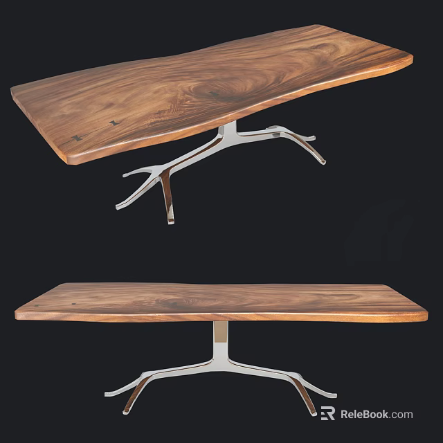Modern Wooden Dining Table With Natural Wood Grain And Metal Legs Design 3d model 