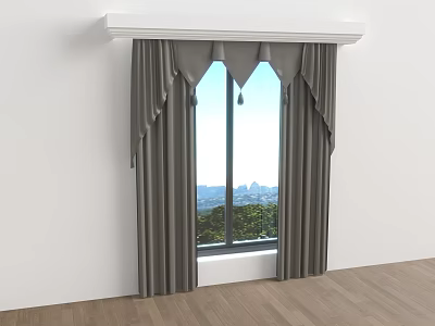 Gray Curtains With Decorative Top Design For Double Window Scenic View Room 3d model