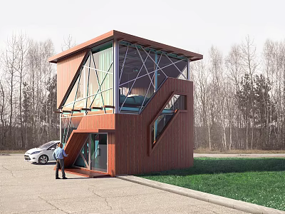 Modern Detached Villa With Wooden Exterior Large Glass Windows Geometric Roof And Surrounding Trees 3d model