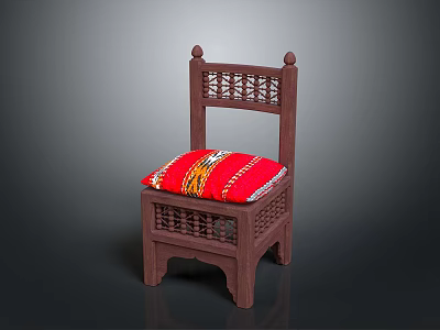 Wooden Dining Chair With Carved Openwork Design And Red Cushion With Colorful Patterns 3d model