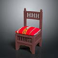 Wooden Dining Chair With Carved Openwork Design And Red Cushion With Colorful Patterns