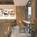 Modern Restaurant Interior With Wooden Furniture Wall Posters TV And Gray Floor