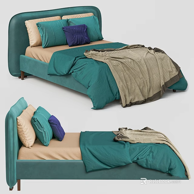 Modern Teal Bed Interior Featuring Beige Sheets Blue Pillows And Knit Blanket 3d model