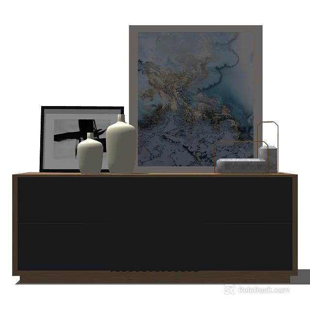 Modern Entryway Console Table With White Vases Framed Art And Decorative Items 3d model 