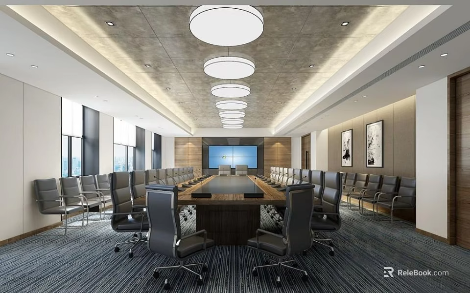 Modern Conference Room Interior Design With Long Table Black Chairs Round Lights And Large Screen 3d model 