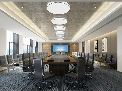 Modern Conference Room Interior Design With Long Table Black Chairs Round Lights And Large Screen 3d model