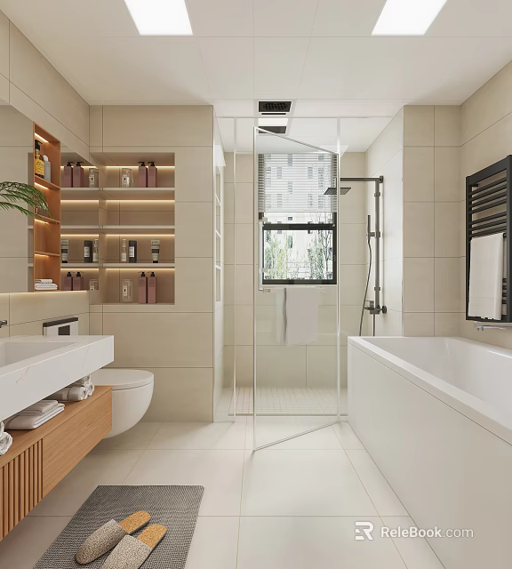 Modern Bathroom Interior With Bathtub Shower Toilet Vanity And Shelves 3d model 