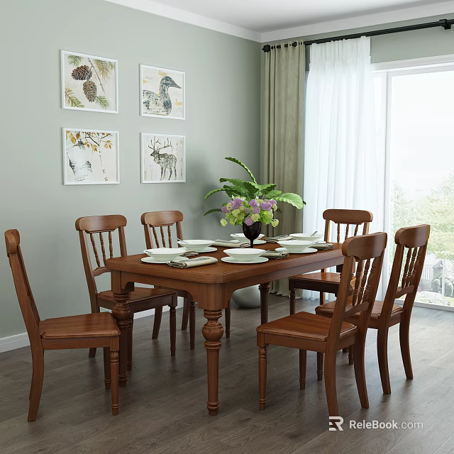Wooden Dining Table Set with Six Chairs Vase Green Plants Purple Flowers and Wall Art 3d model 