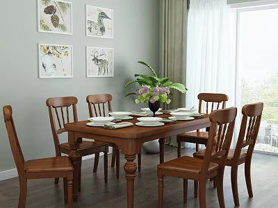 Wooden Dining Table Set with Six Chairs Vase Green Plants Purple Flowers and Wall Art 3d model