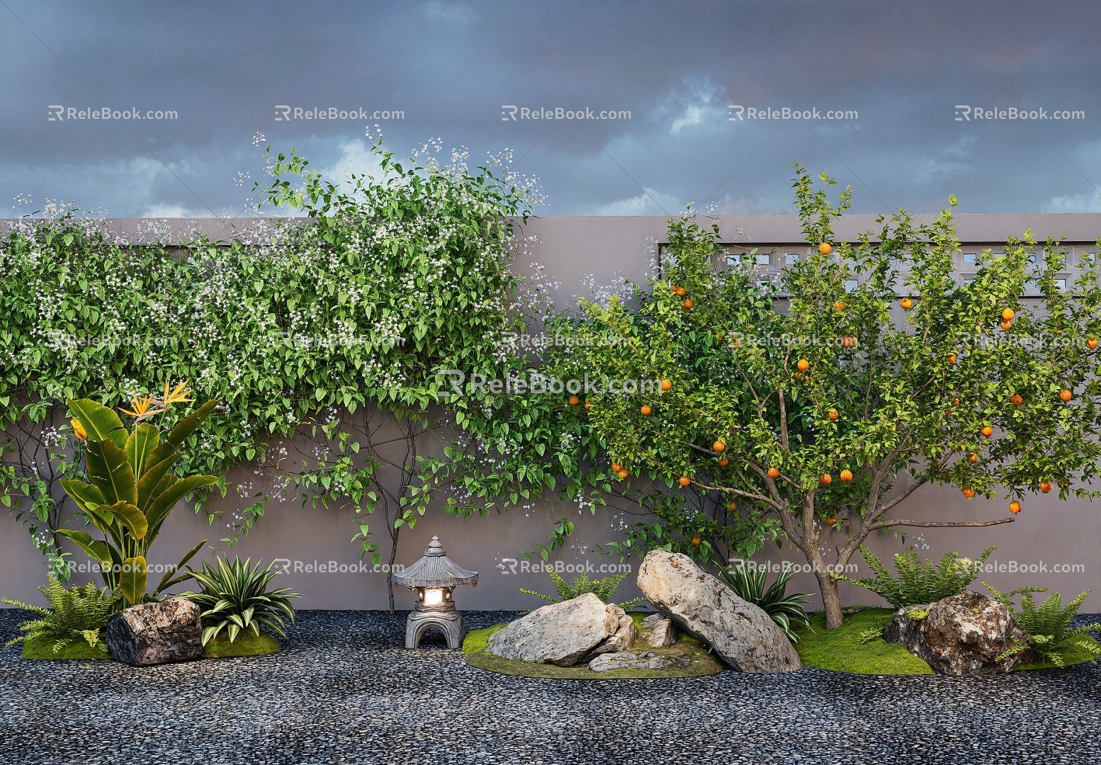 Landscape Styling Tree Pomegranate Tree Vine Climbing Vine Landscape Stone model