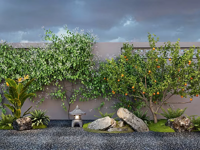 Lush Orange Trees In Garden With Stone Lantern Rocks Green Plants And Gravel 3d model