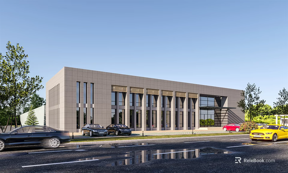 Contemporary Gray Office Building With Glass Windows Columns Street Trees Parked Cars And Clear Sky 3d model 