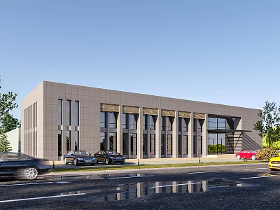 Contemporary Gray Office Building With Glass Windows Columns Street Trees Parked Cars And Clear Sky 3d model