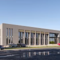 Contemporary Gray Office Building With Glass Windows Columns Street Trees Parked Cars And Clear Sky
