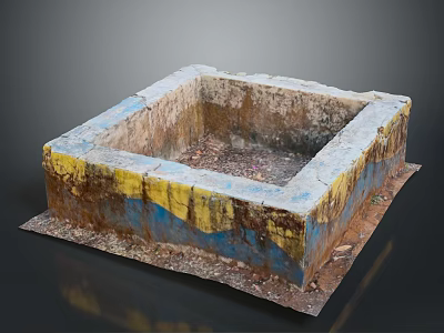 Old Square Concrete Structure With Yellow Blue Peeling Paint Worn Debris Inside And Base Tray 3d model